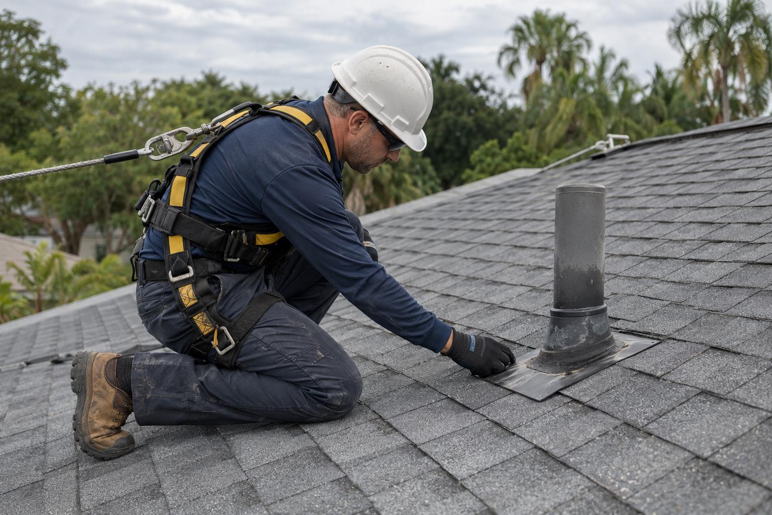 Roofing contractor performing detailed roof repair