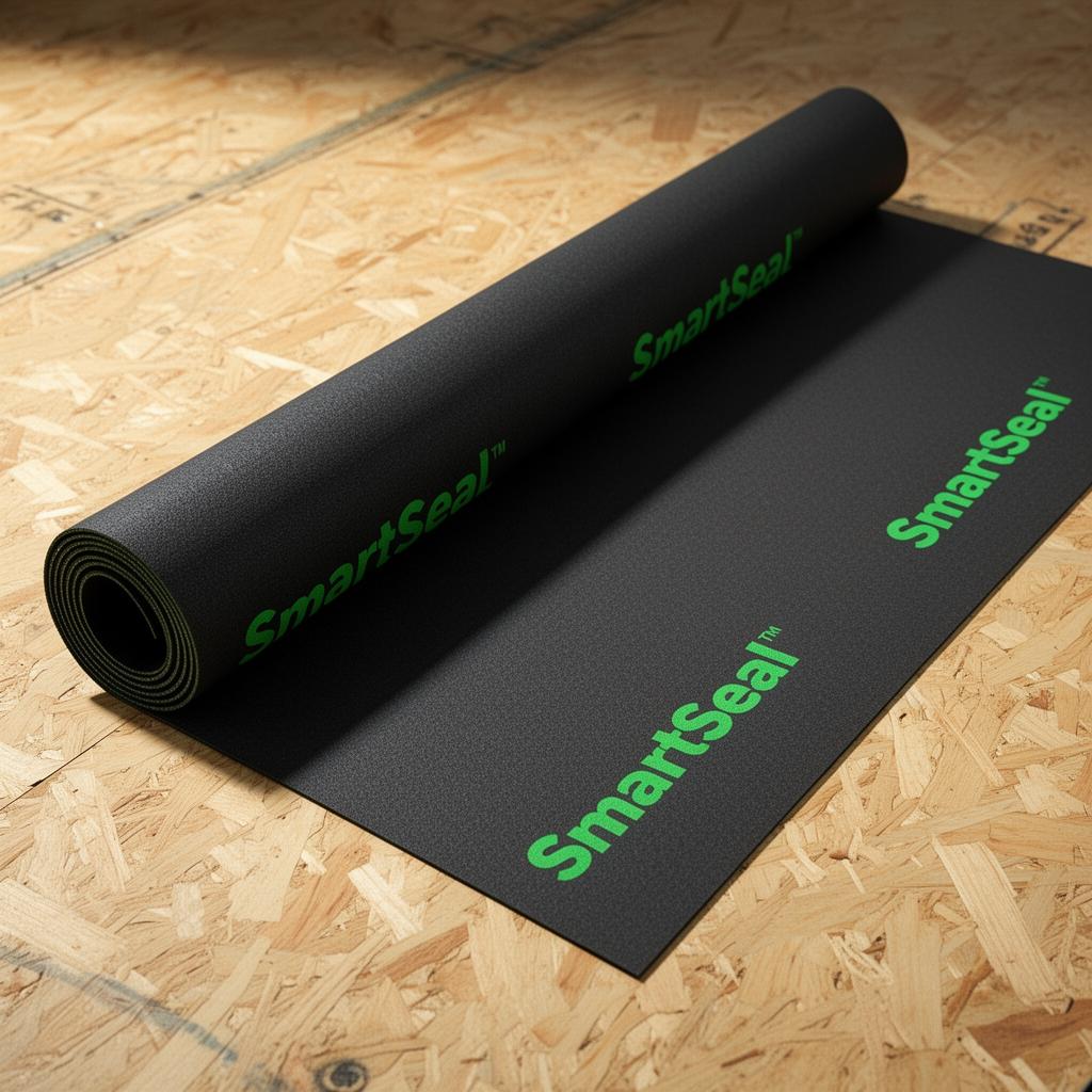 SmartSeal peel-and-stick roofing underlayment unrolled across a roof deck